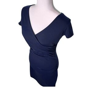 SUSANA MONACO Navy Blue Ruched Bodycon Dress Short Sleeve V-Neck Size S Y2K